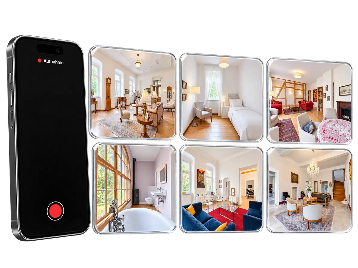 iPhone mit Aufnahme-Anzeige und sechs Immobilienfotos aus Deutschland