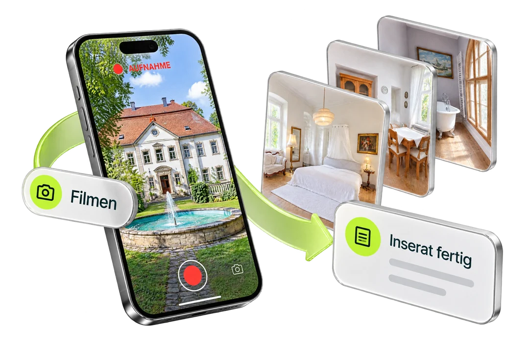 Schlossfoto im Handy mit roter Aufnahme-Anzeige und drei fertigen Immobilienfotos.