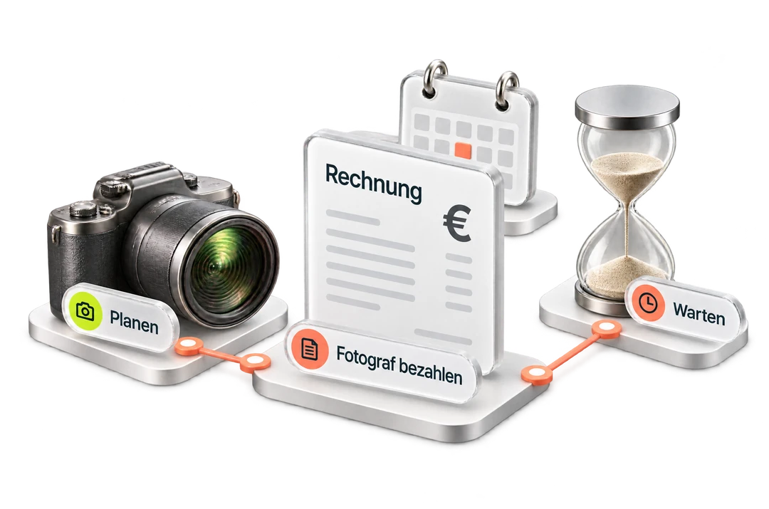 Fototermin planen, den Fotografen bezahlen und auf die fertigen Fotos warten.
