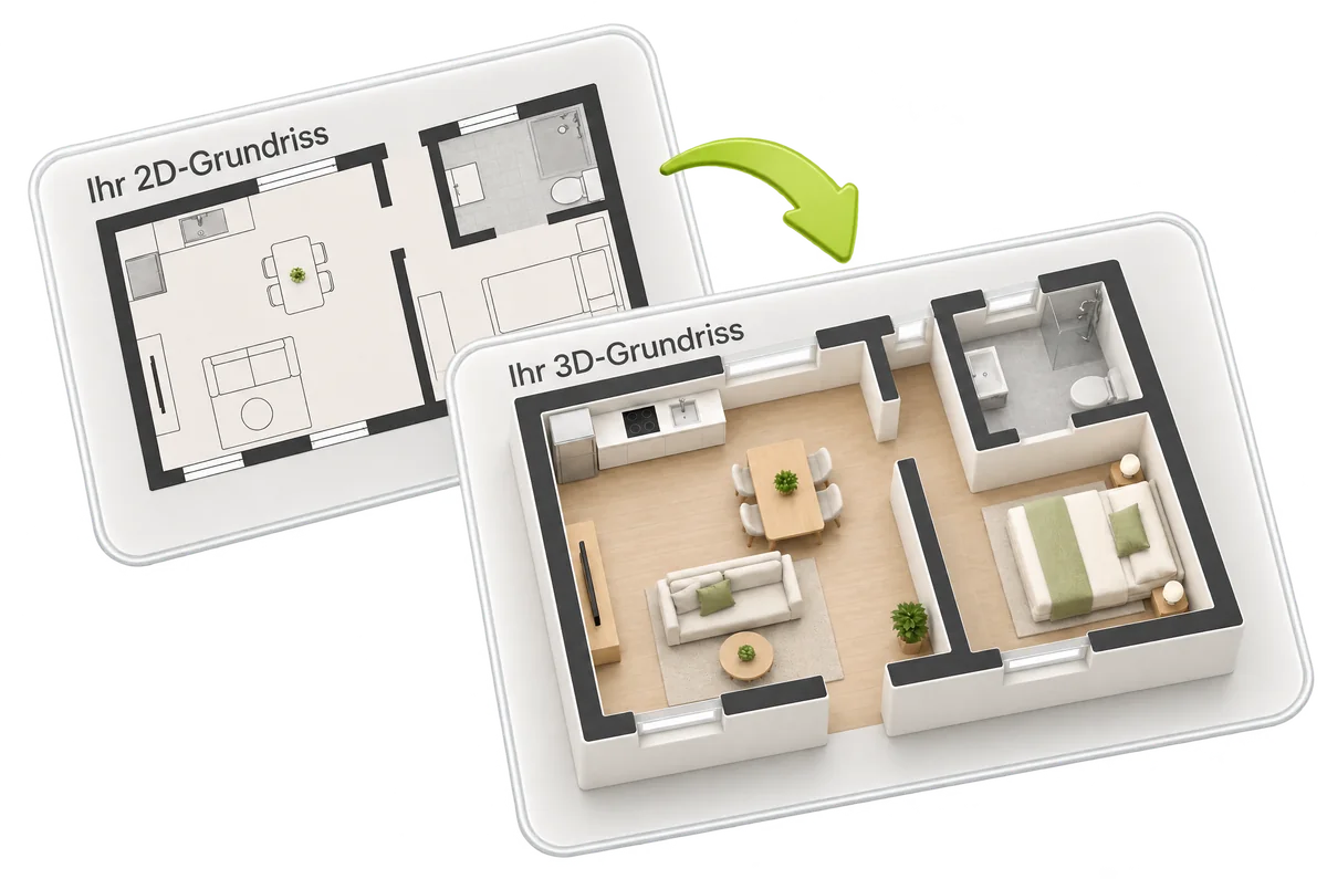 Ein möblierter 3D-Grundriss erhebt sich über dem passenden 2D-Plan.