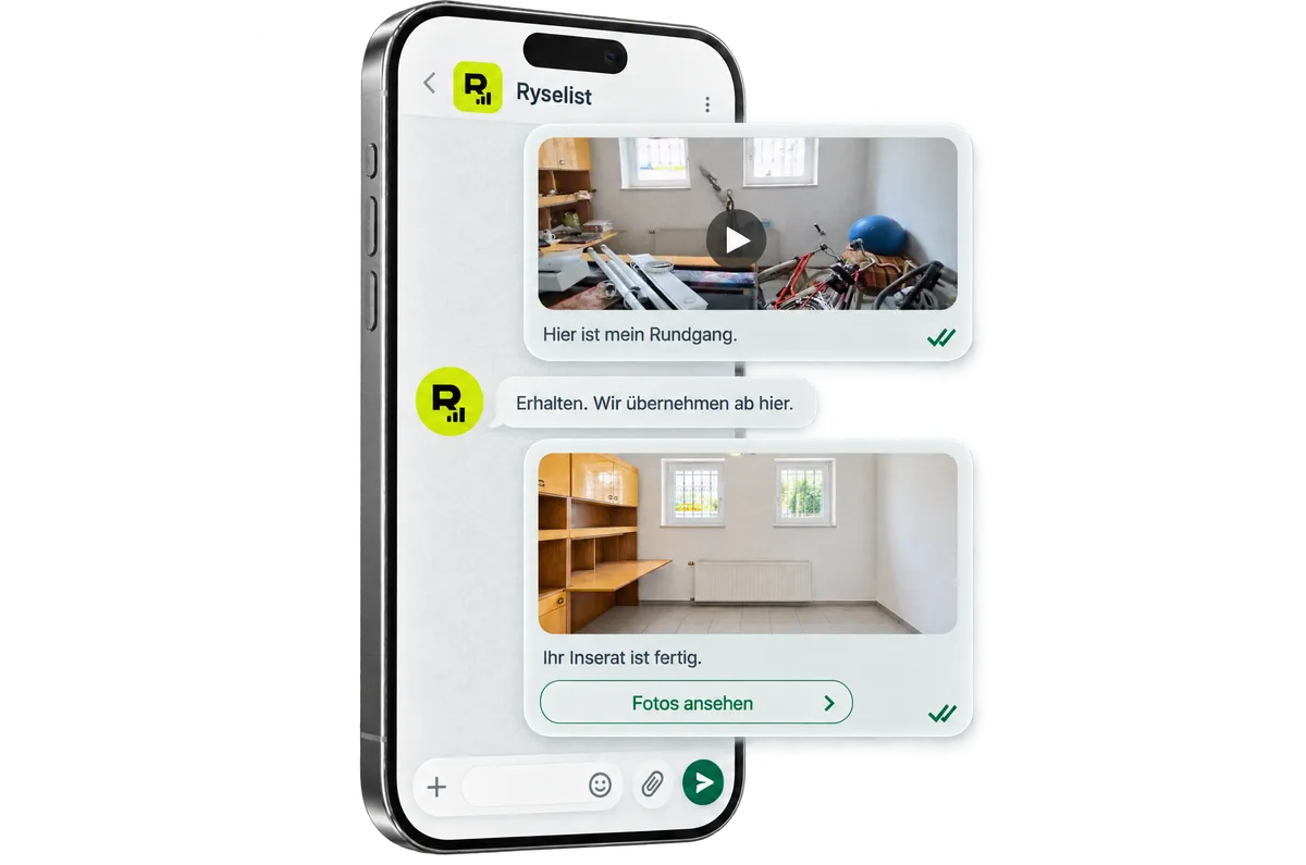 WhatsApp-Chat mit Ryselist: Handyrundgang senden und fertige Immobilienfotos erhalten.
