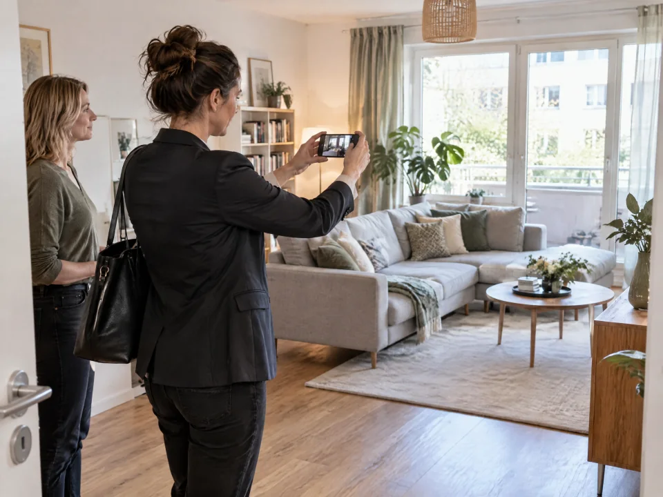 Illustration: Eine Maklerin filmt eine bewohnte Wohnung mit Zustimmung der Mieterin.