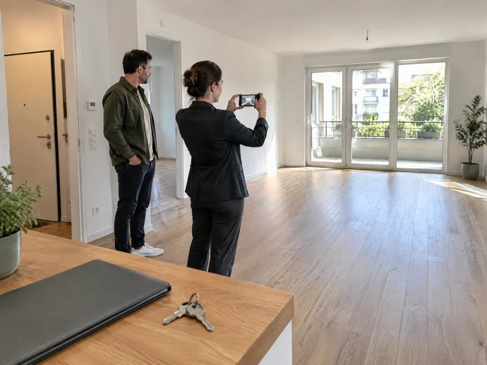 Illustration: Ein Smartphone-Rundgang bei der Wohnungsübergabe, mit Schlüsseln im Vordergrund.