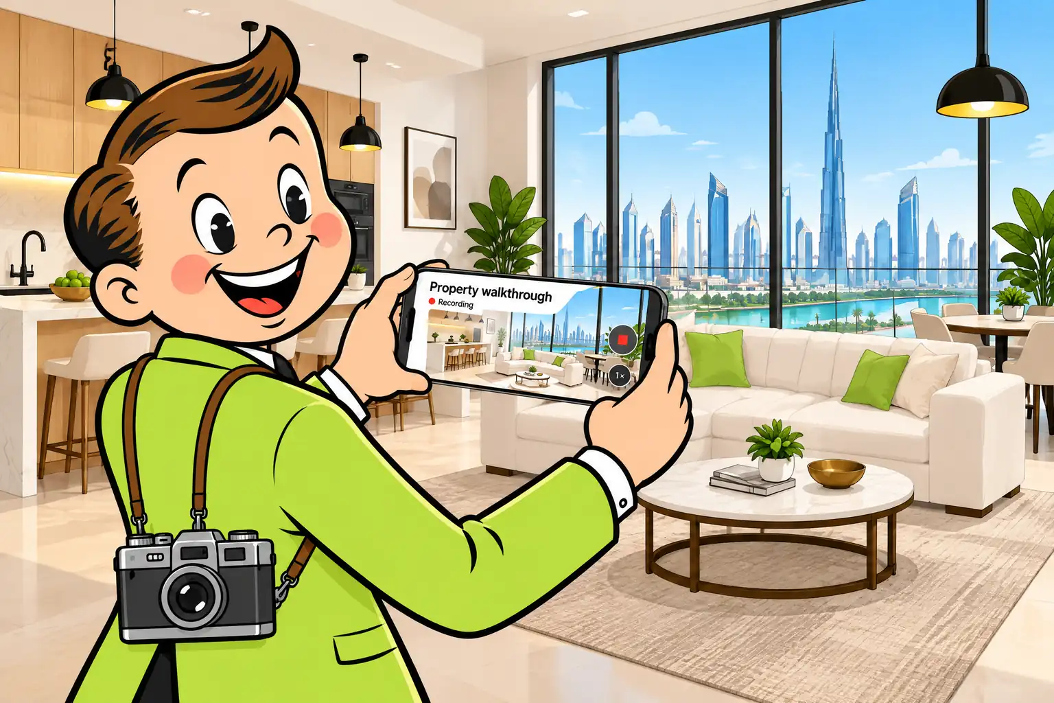 Maskotumuz, telefonu yatay tutarak Dubai'de aydınlık bir oturma odasını çekiyor.