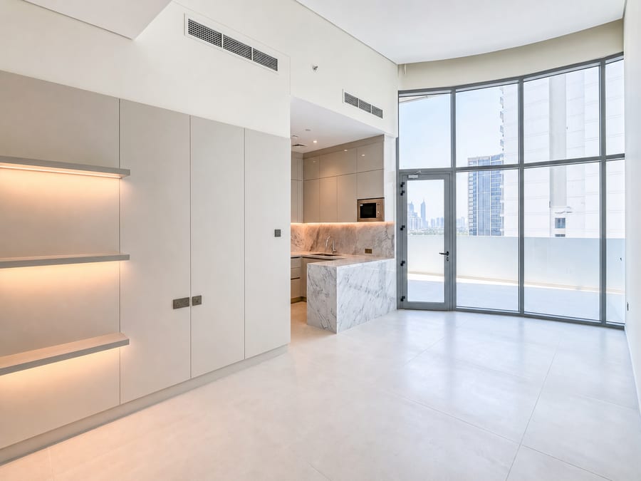 Apartment interior with an open kitchen